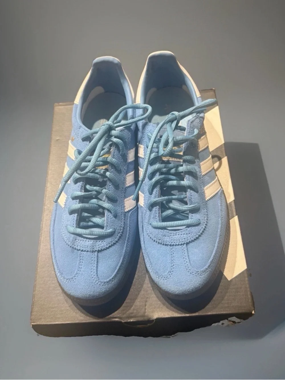 adidas Women's Light Blue Suede Sneakers with White Stripes